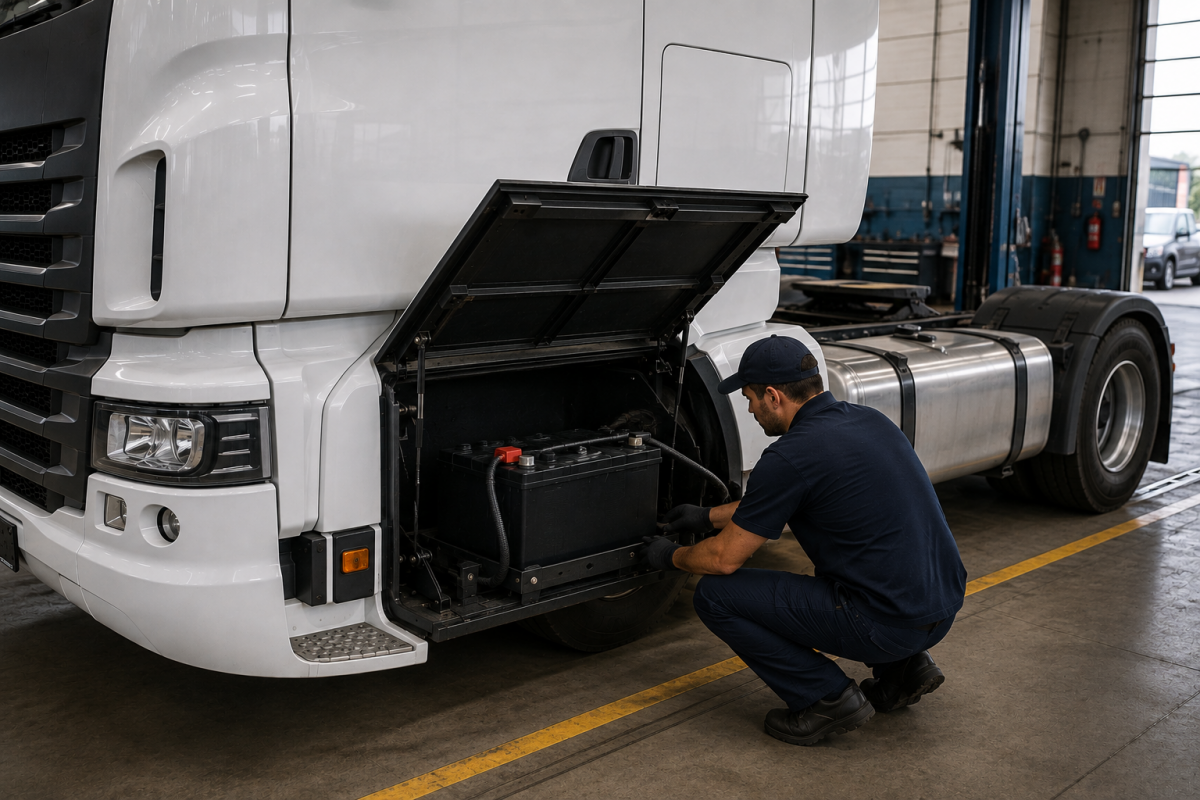 caminh&atilde;o pesado em rodovia com destaque para o compartimento de baterias
