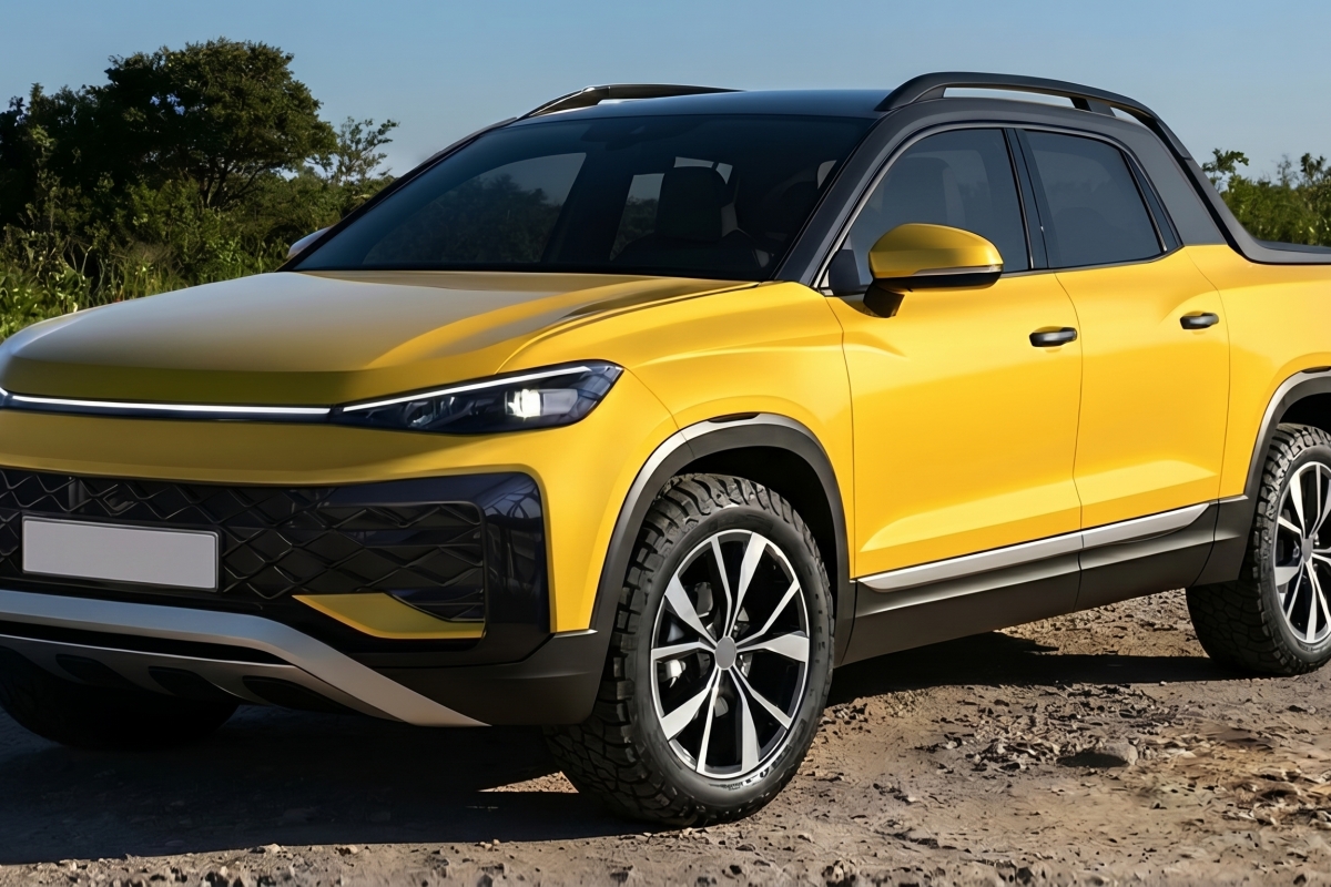 Vista lateral de la nueva pickup Volkswagen Tukan en color amarillo, destacando su dise&ntilde;o moderno y faros LED encendidos