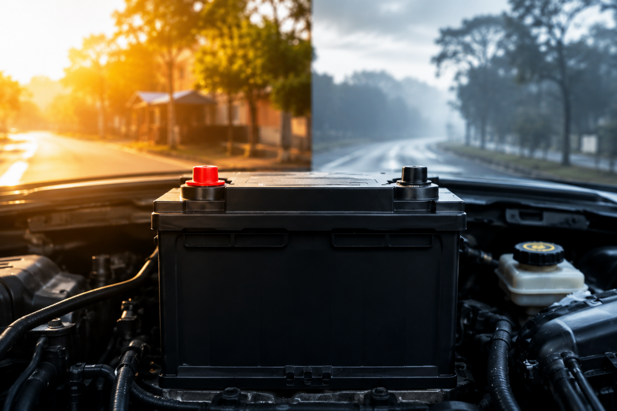 bateria automotiva exposta a condi&ccedil;&otilde;es de calor e frio